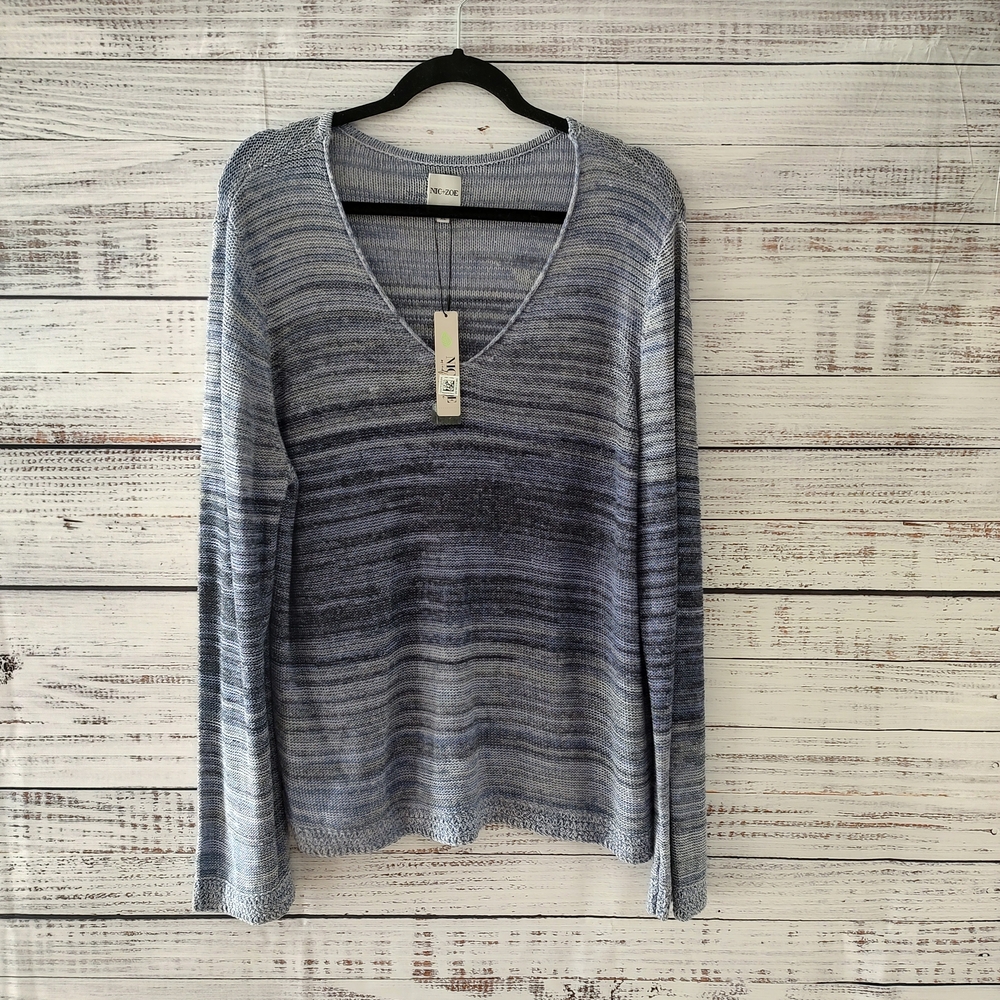 NIC+ZOE Lightweight Sweater Multi Blue Ombré Linen Blend XL